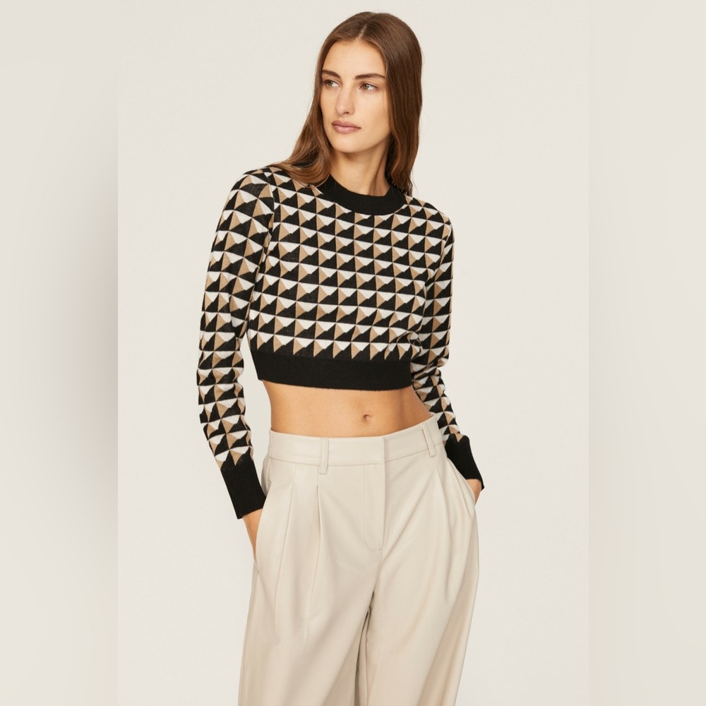 Saunders Collective Geometric Black and Beige Cropped Sweater